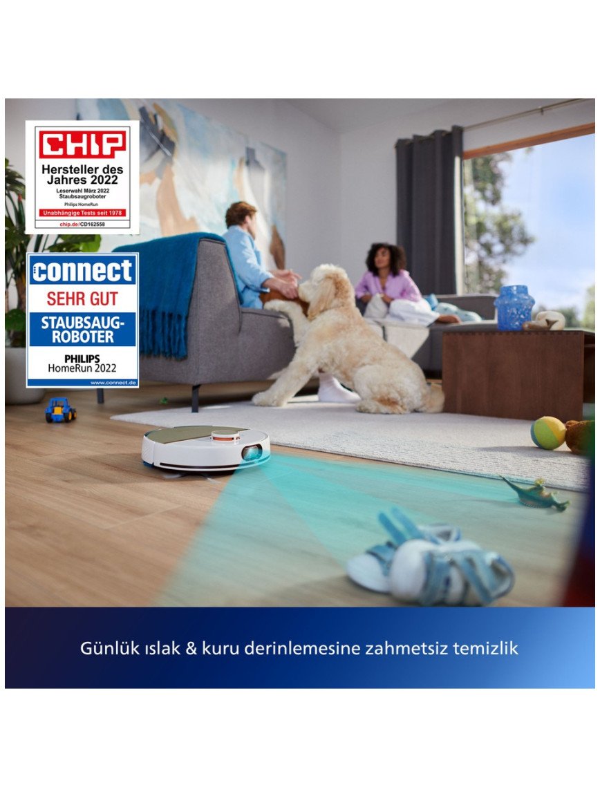 Philips XU7000/02 7000 Serisi HomeRun Aqua Islak Kuru Robot Süpürge, Sarj İstasyonlu, İpek Beyaz ve Altın Sarısı,